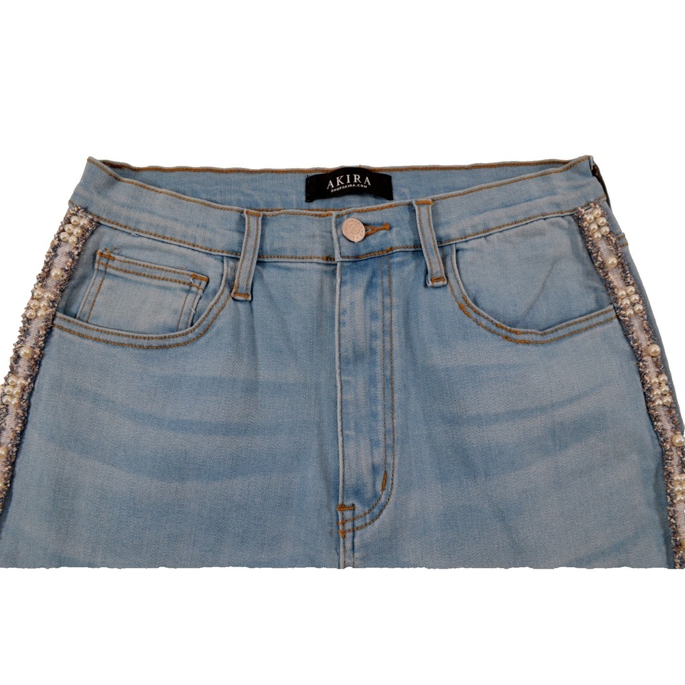 Akira Denim Blue Jeans Women's Size 15 Waist 28" Inseam 32" Faux Pearl Raw Hem